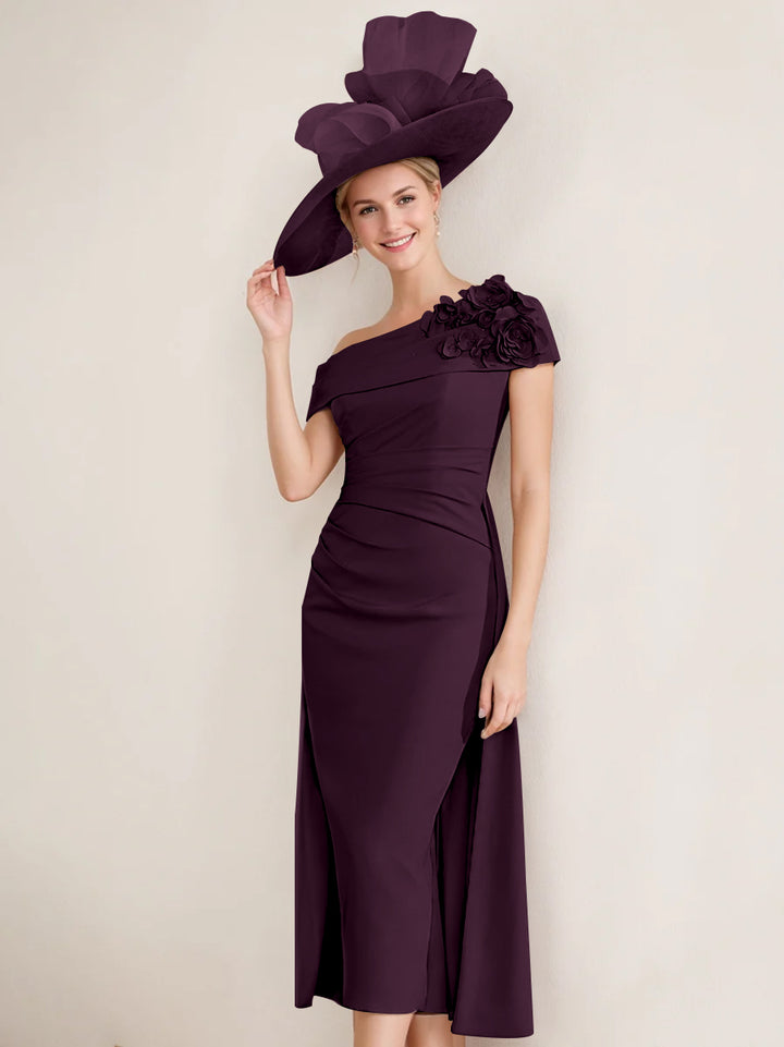 Sheath/Column Off-the-Shoulder Pleated Tea-Length Mother of the Bride Dresses with 3D Flower