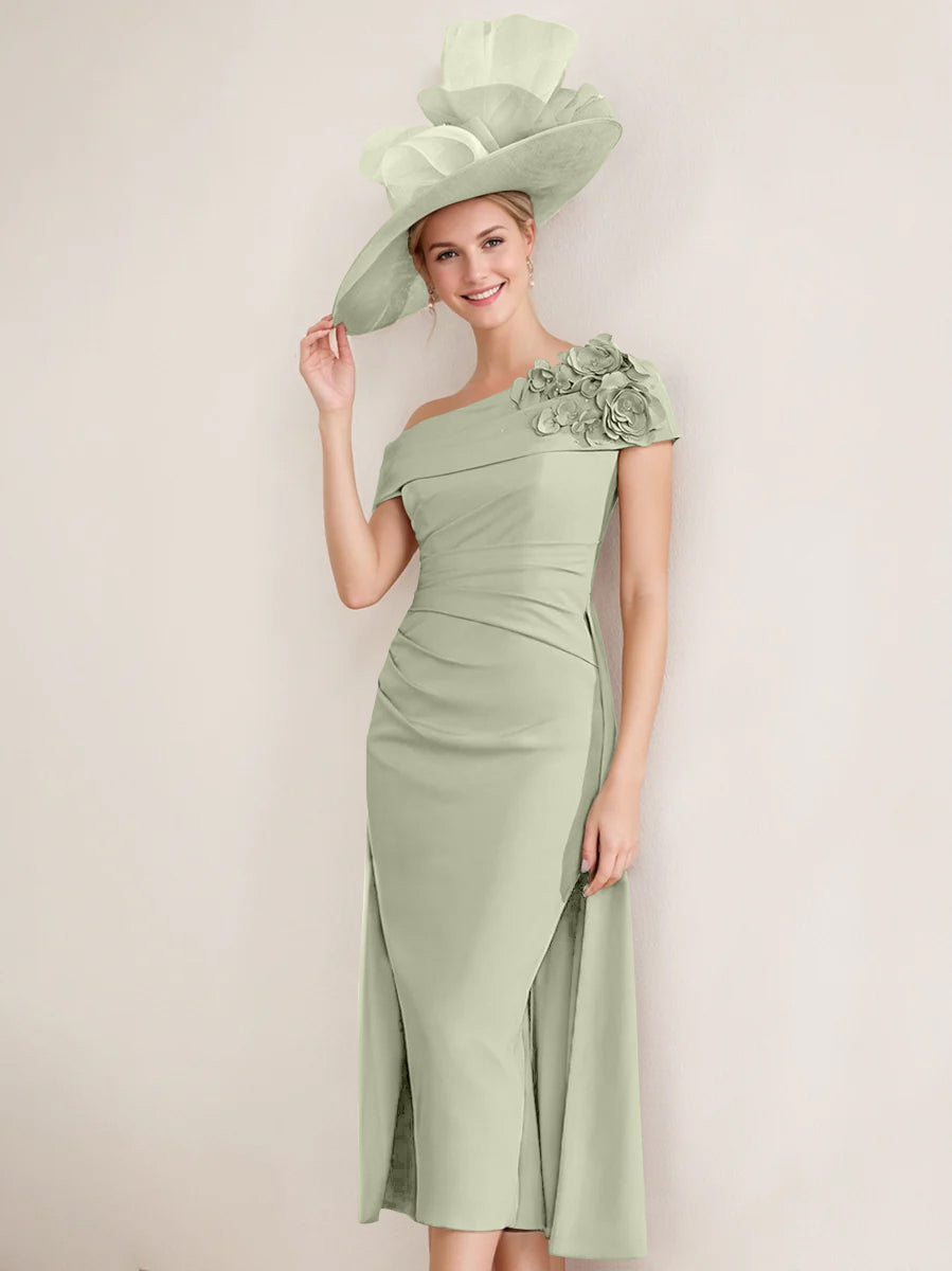 Sheath/Column Off-the-Shoulder Pleated Tea-Length Mother of the Bride Dresses with 3D Flower