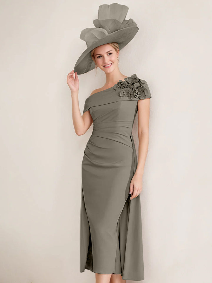 Sheath/Column Off-the-Shoulder Pleated Tea-Length Mother of the Bride Dresses with 3D Flower