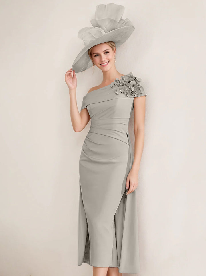 Sheath/Column Off-the-Shoulder Pleated Tea-Length Mother of the Bride Dresses with 3D Flower