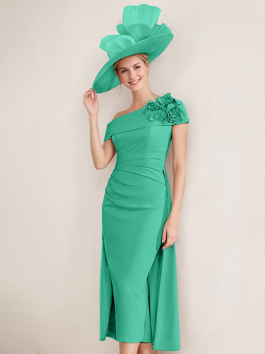 Sheath/Column Off-the-Shoulder Pleated Tea-Length Mother of the Bride Dresses with 3D Flower