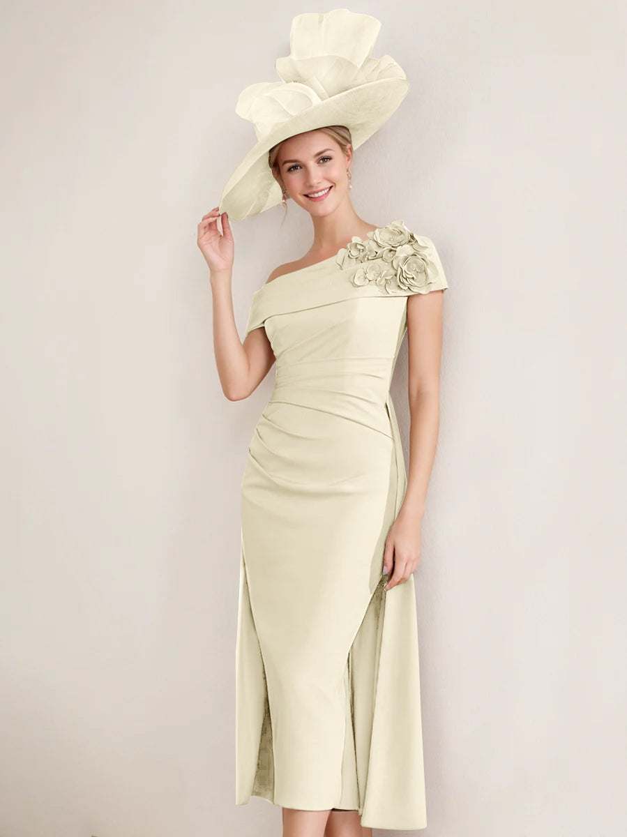 Sheath/Column Off-the-Shoulder Pleated Tea-Length Mother of the Bride Dresses with 3D Flower