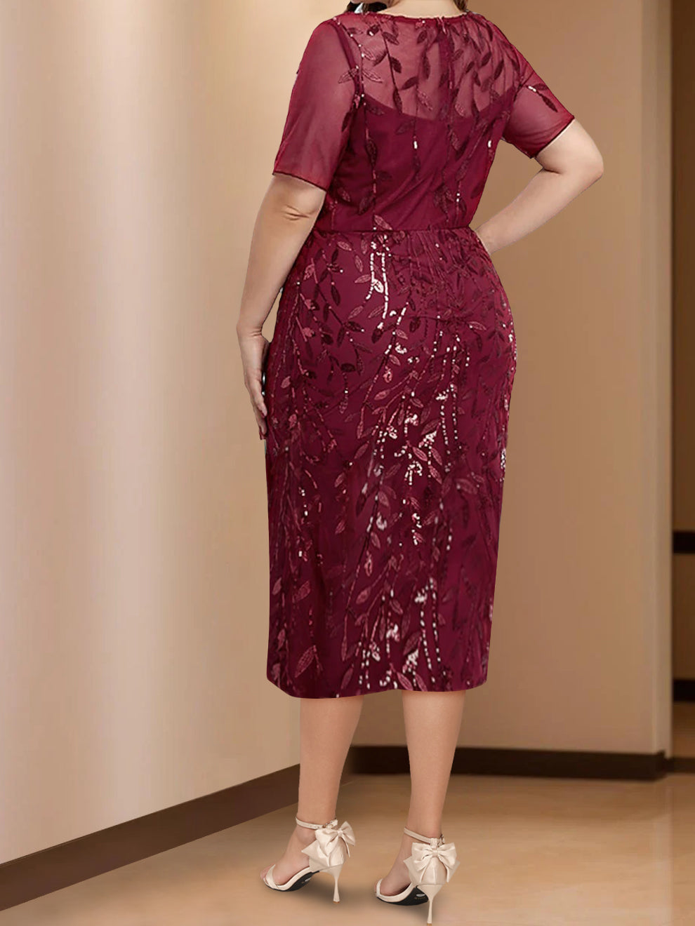 Sheath/Column Scoop Neck Half Sleeves Tea-Length Plus Size Mother of the Bride Dresses with Appliques