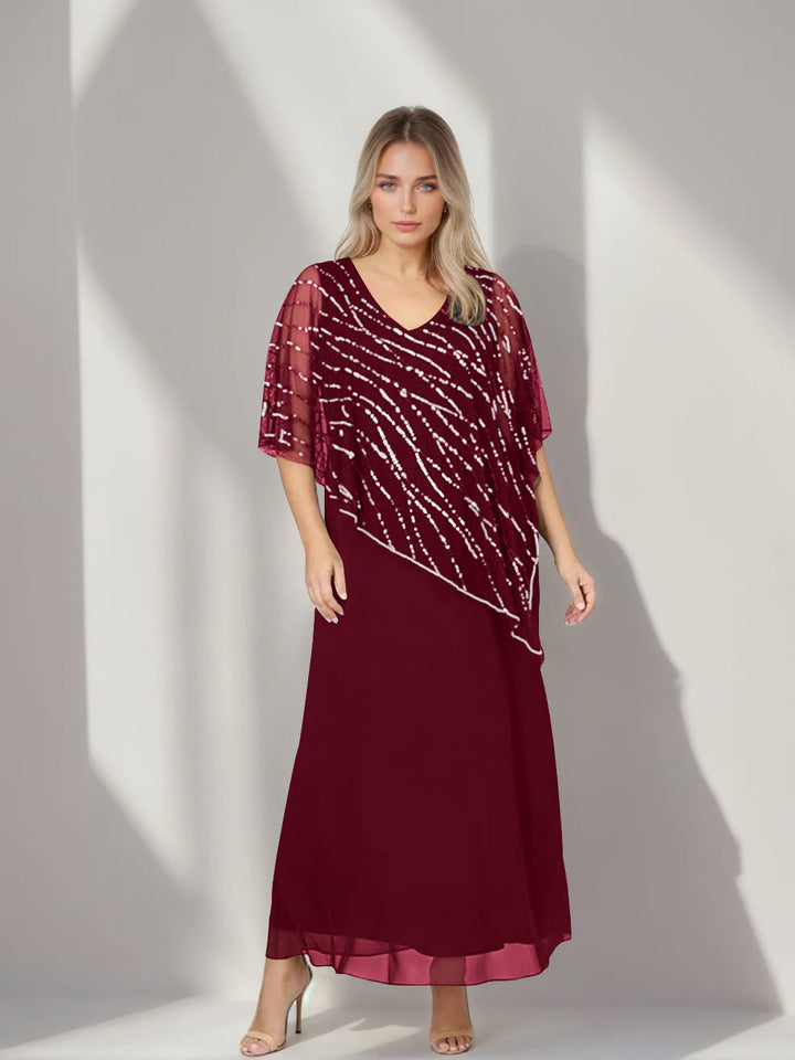 A-Line/Princess V-Neck Half Sleeves Ankle-Length Plus Size Mother of the Bride Dresses with Asymmetrical Cape Popover