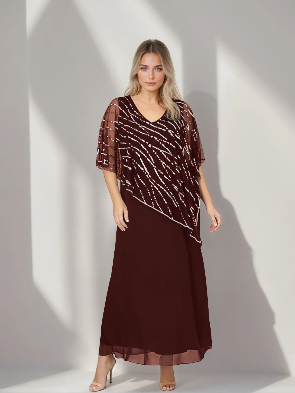 A-Line/Princess V-Neck Half Sleeves Ankle-Length Plus Size Mother of the Bride Dresses with Asymmetrical Cape Popover