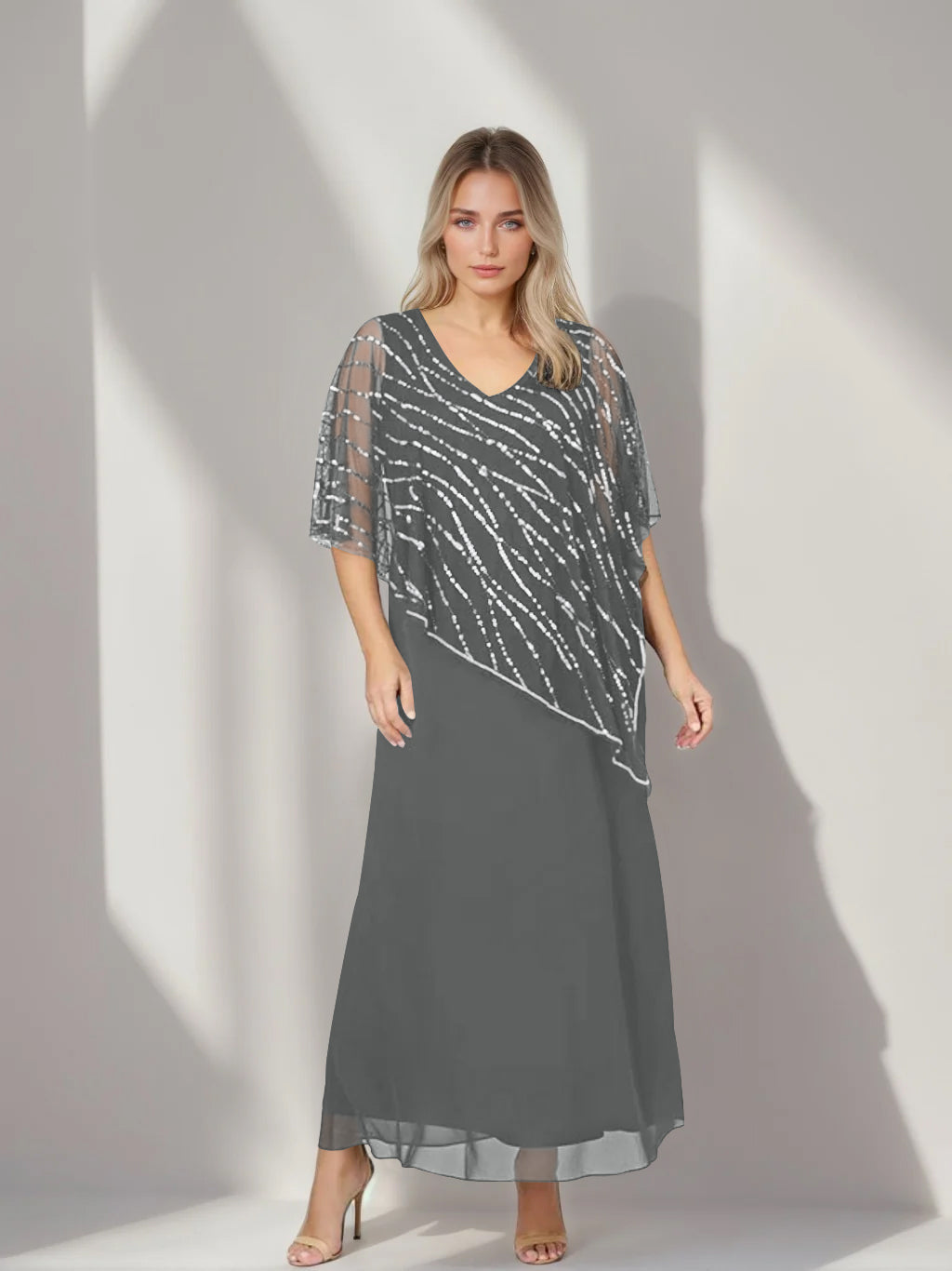 A-Line/Princess V-Neck Half Sleeves Ankle-Length Plus Size Mother of the Bride Dresses with Asymmetrical Cape Popover