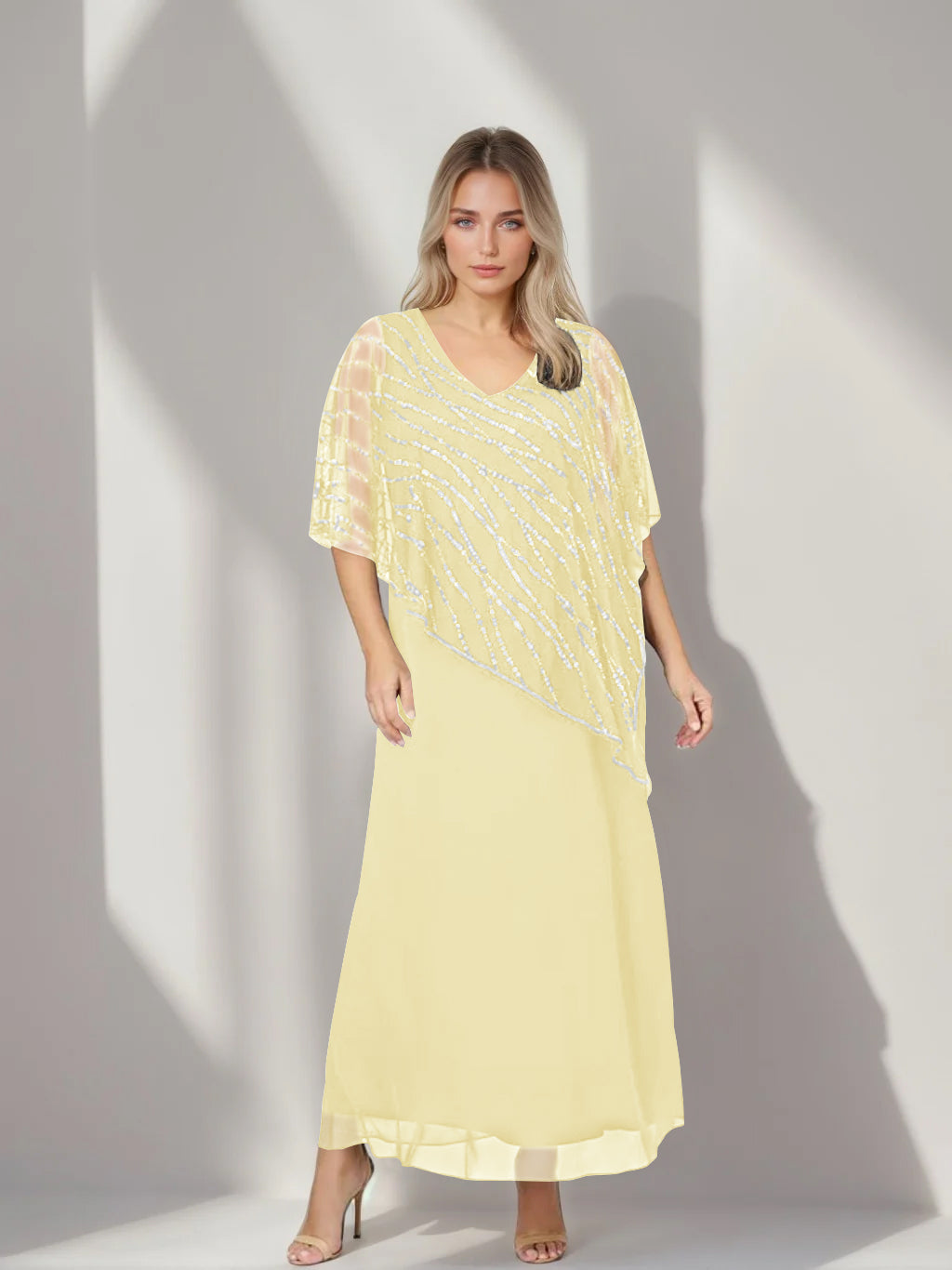 A-Line/Princess V-Neck Half Sleeves Ankle-Length Plus Size Mother of the Bride Dresses with Asymmetrical Cape Popover