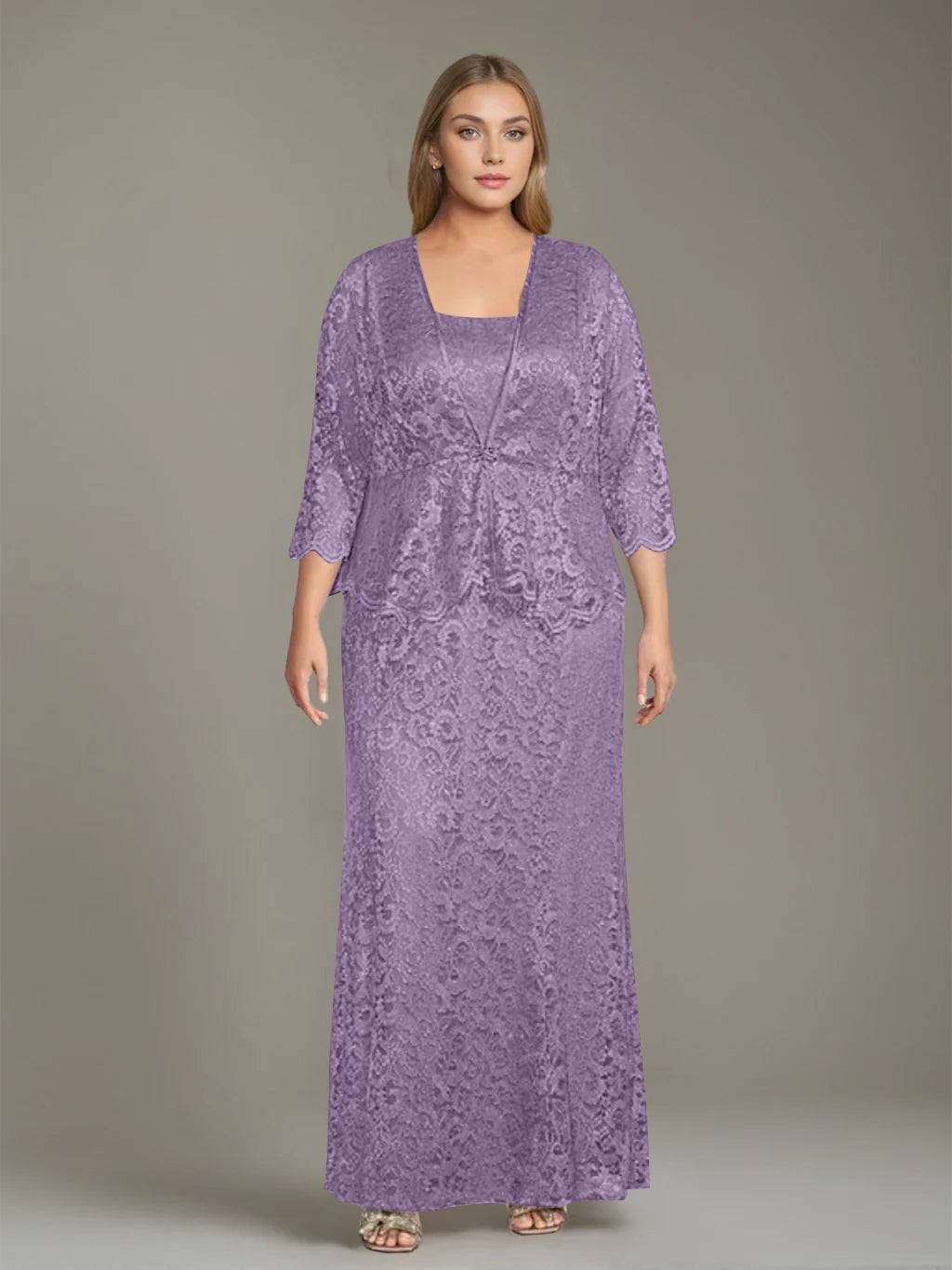 Sheath/Column Square Neck 3/4 Length Sleeves Floor-Length 2 Pieces Plus Size Mother of the Bride Dresses with Jacket