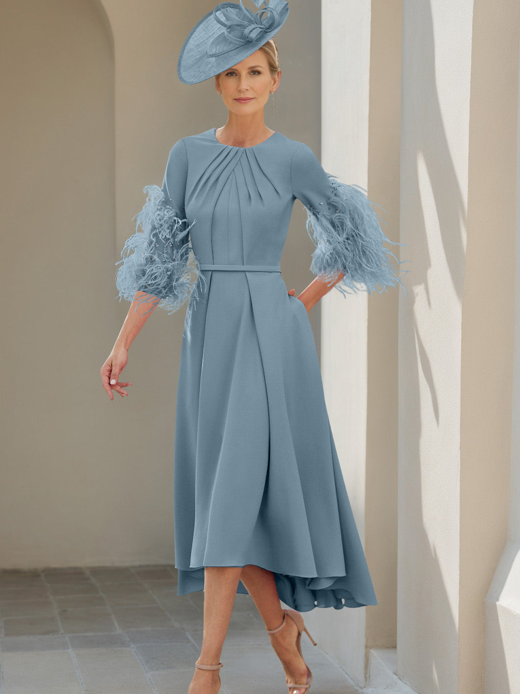 A-Line/Princess Scoop Half Sleeves Tea-Length Mother Of The Bride Dresses With Feathers