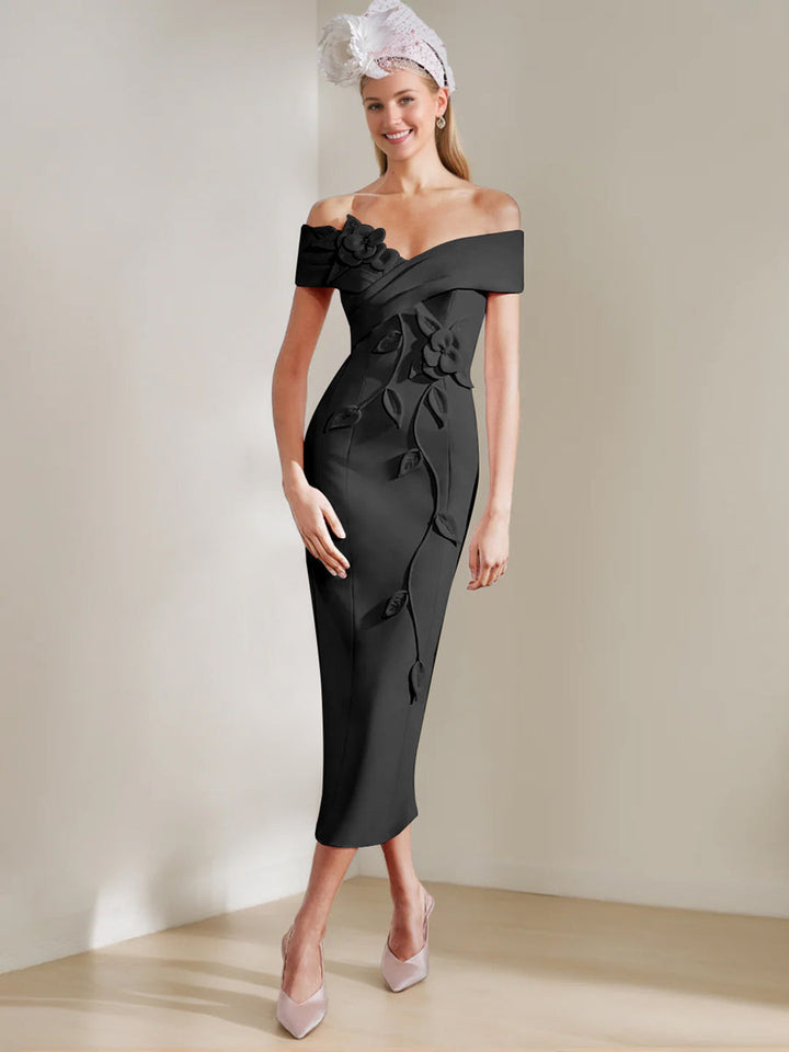 Sheath/Column Off-the-shoulder Tea-Length Mother of the Bride Dresses with 3D Flowers