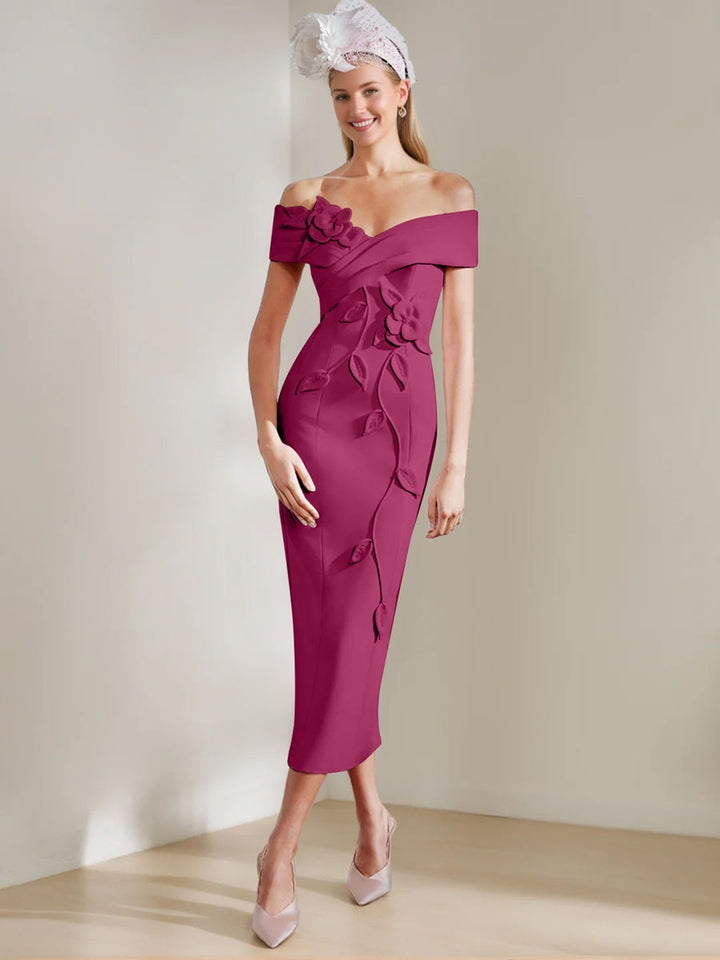 Sheath/Column Off-the-shoulder Tea-Length Mother of the Bride Dresses with 3D Flowers
