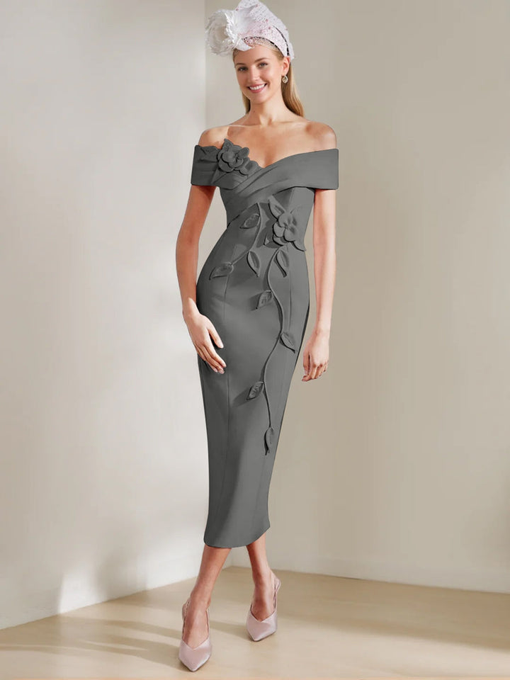 Sheath/Column Off-the-shoulder Tea-Length Mother of the Bride Dresses with 3D Flowers
