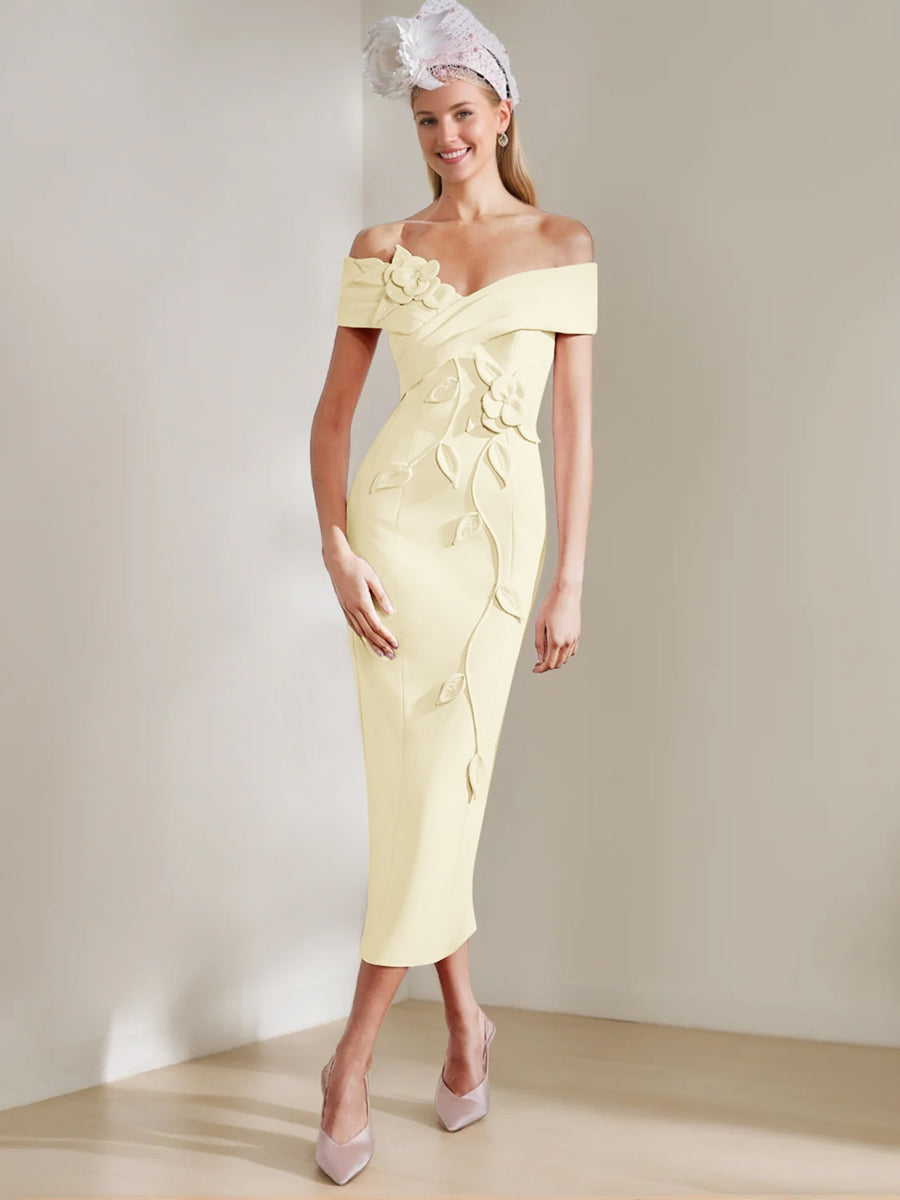 Sheath/Column Off-the-shoulder Tea-Length Mother of the Bride Dresses with 3D Flowers