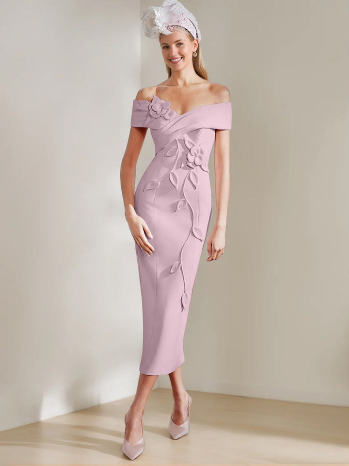 Sheath/Column Off-the-shoulder Tea-Length Mother of the Bride Dresses with 3D Flowers