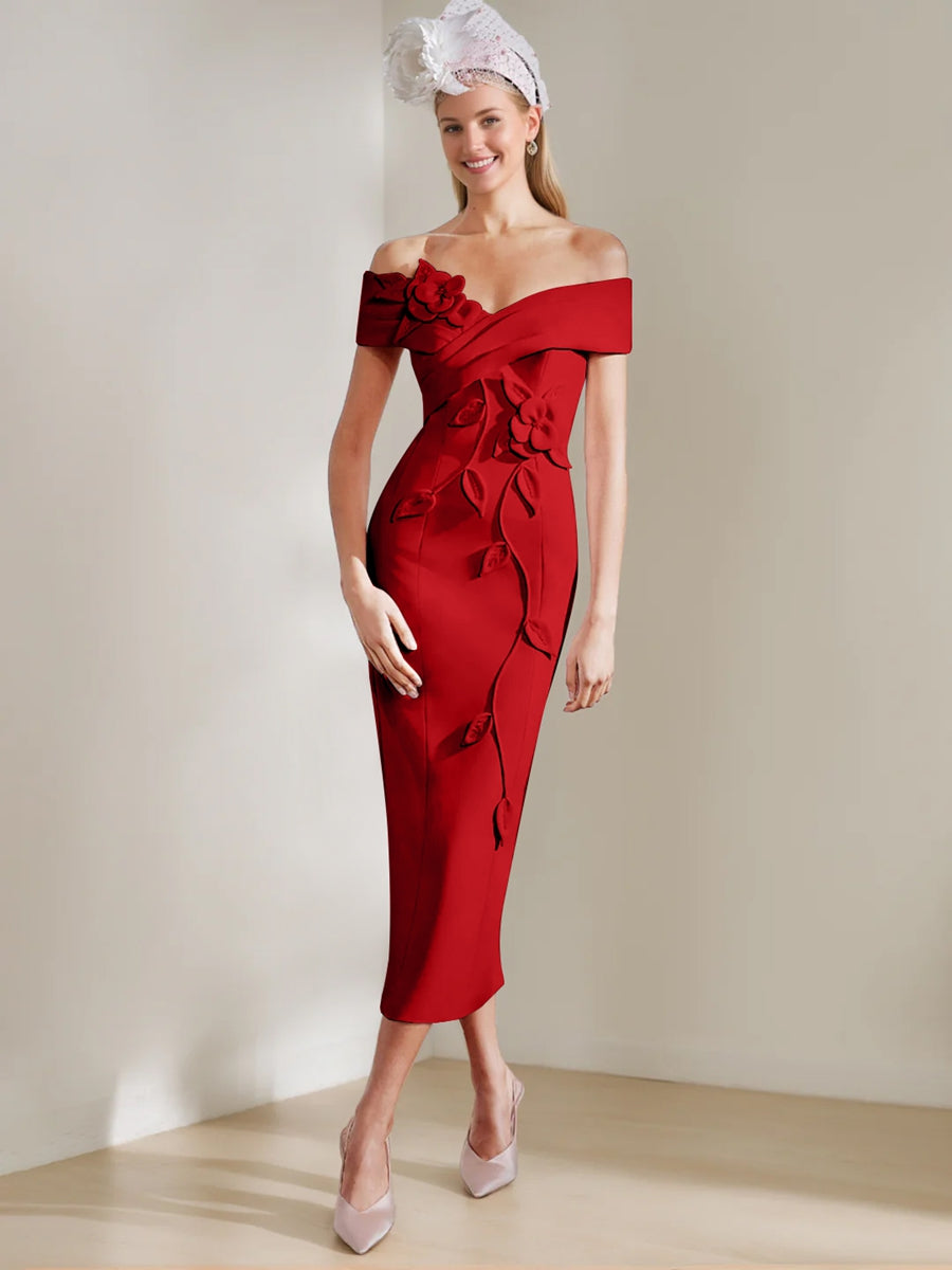Sheath/Column Off-the-shoulder Tea-Length Mother of the Bride Dresses with 3D Flowers