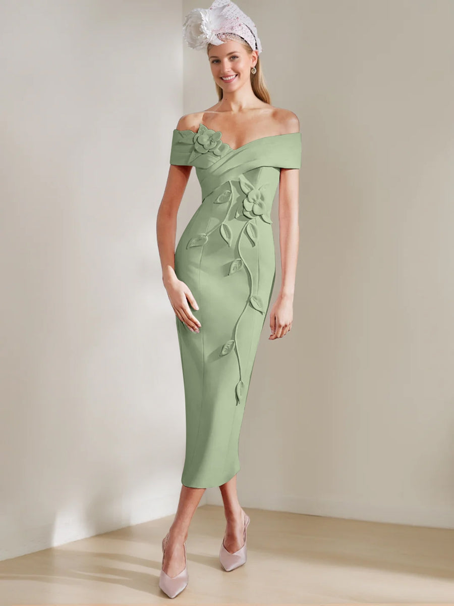 Sheath/Column Off-the-shoulder Tea-Length Mother of the Bride Dresses with 3D Flowers