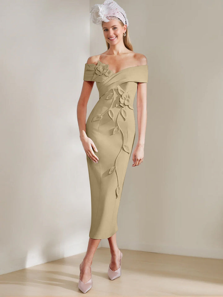Sheath/Column Off-the-shoulder Tea-Length Mother of the Bride Dresses with 3D Flowers