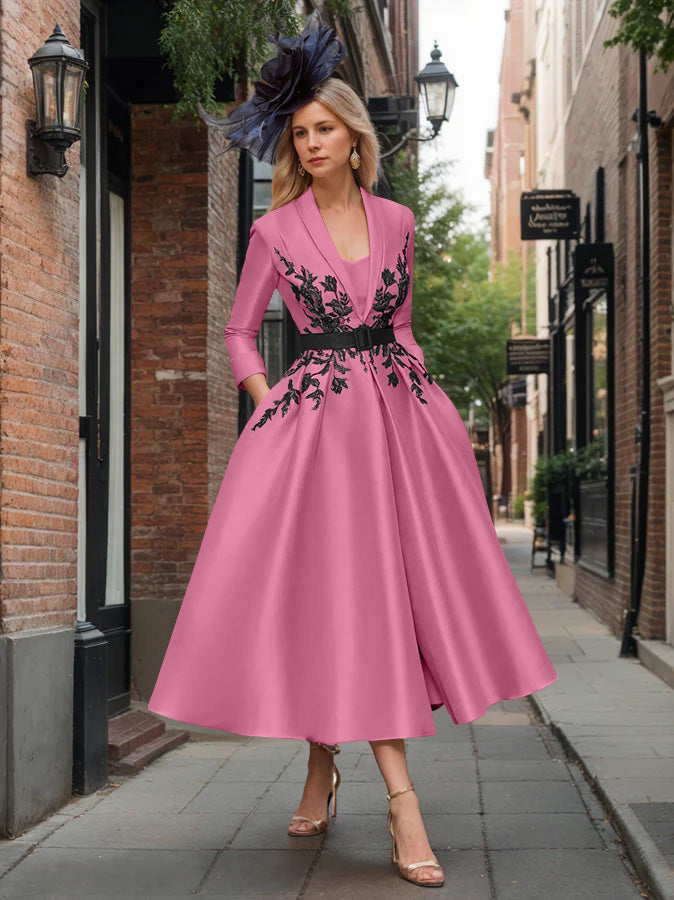 A-Line/Princess Plunge V-Neck 3/4 Sleeves Ankle-Length Pleated Mother of the Bride Dresses with Appliques & Belt