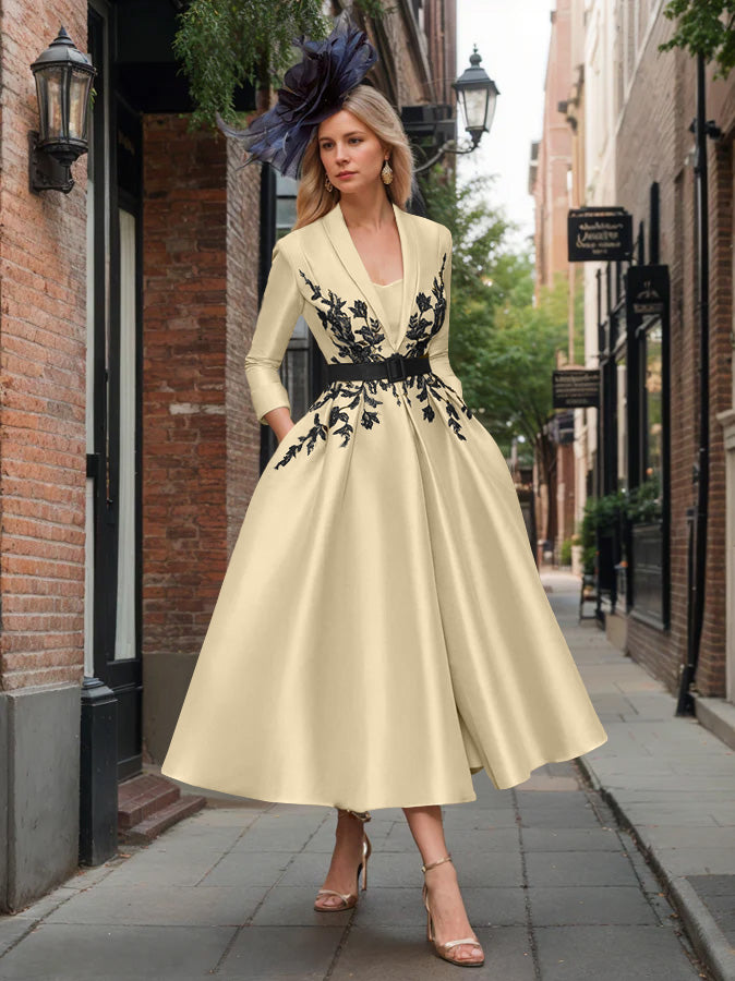 A-Line/Princess Plunge V-Neck 3/4 Sleeves Ankle-Length Pleated Mother of the Bride Dresses with Appliques & Belt