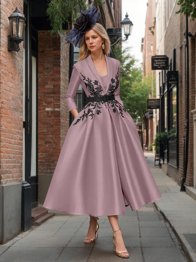 A-Line/Princess Plunge V-Neck 3/4 Sleeves Ankle-Length Pleated Mother of the Bride Dresses with Appliques & Belt