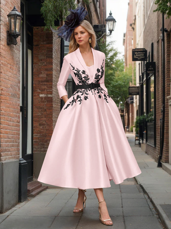 A-Line/Princess Plunge V-Neck 3/4 Sleeves Ankle-Length Pleated Mother of the Bride Dresses with Appliques & Belt