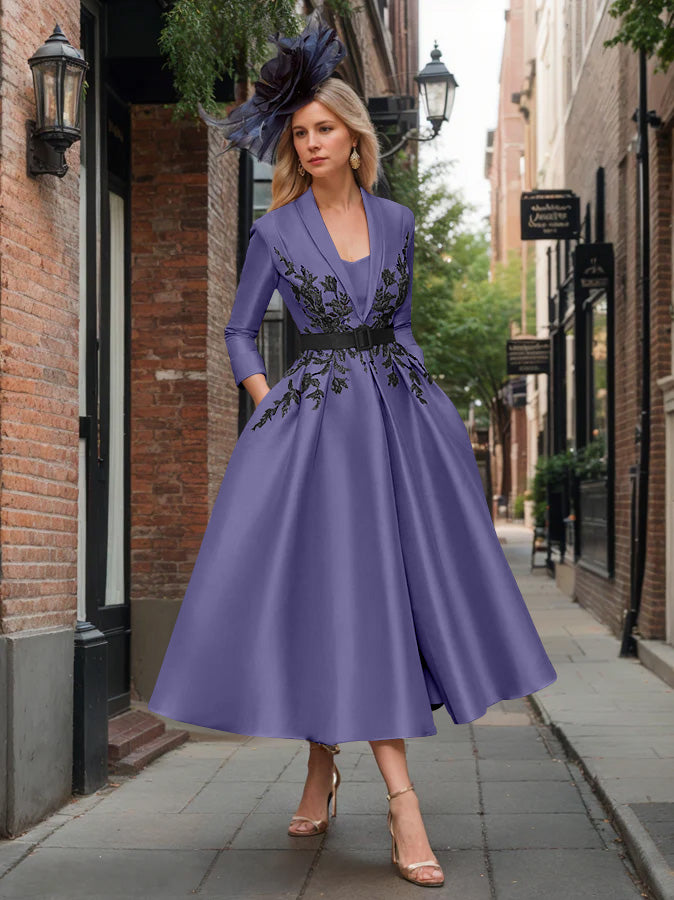 A-Line/Princess Plunge V-Neck 3/4 Sleeves Ankle-Length Pleated Mother of the Bride Dresses with Appliques & Belt