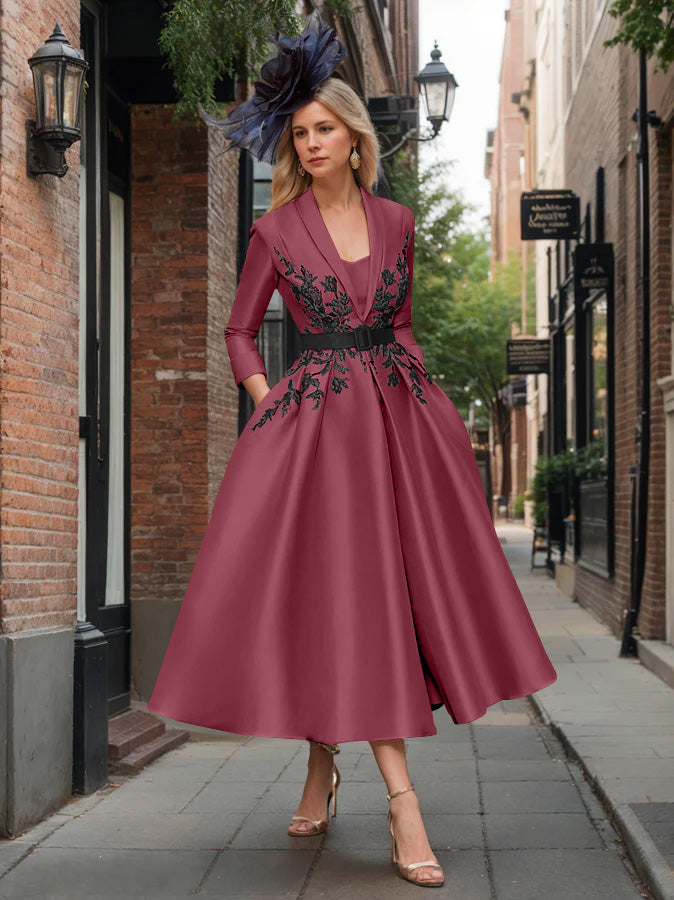 A-Line/Princess Plunge V-Neck 3/4 Sleeves Ankle-Length Pleated Mother of the Bride Dresses with Appliques & Belt