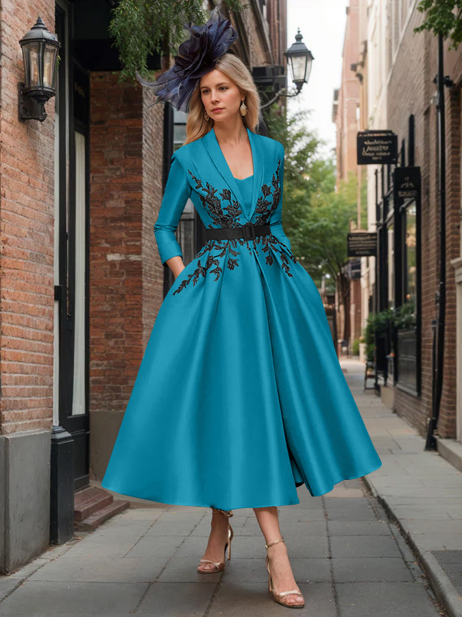 A-Line/Princess Plunge V-Neck 3/4 Sleeves Ankle-Length Pleated Mother of the Bride Dresses with Appliques & Belt