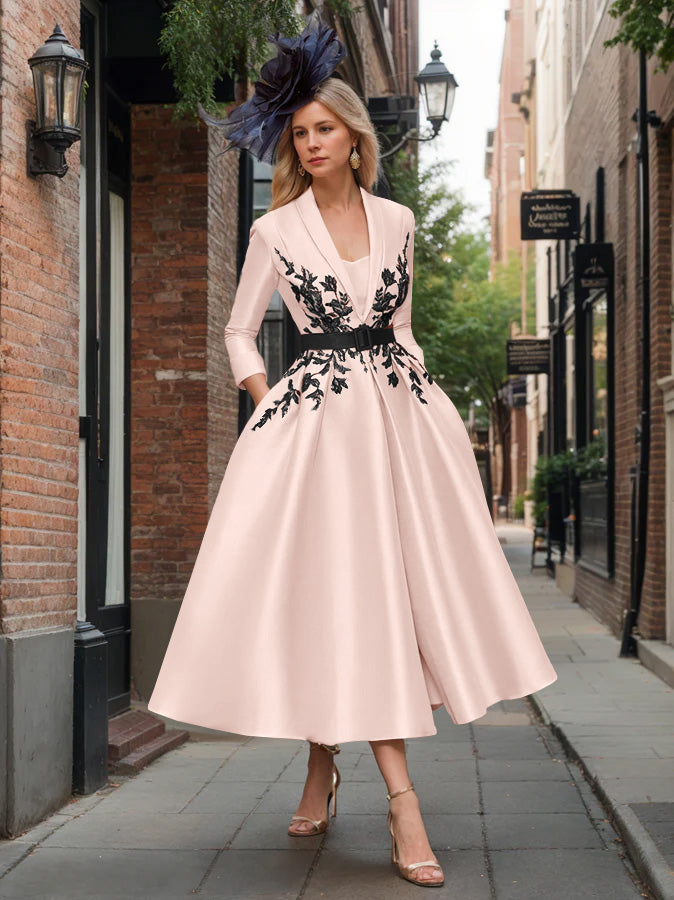 A-Line/Princess Plunge V-Neck 3/4 Sleeves Ankle-Length Pleated Mother of the Bride Dresses with Appliques & Belt