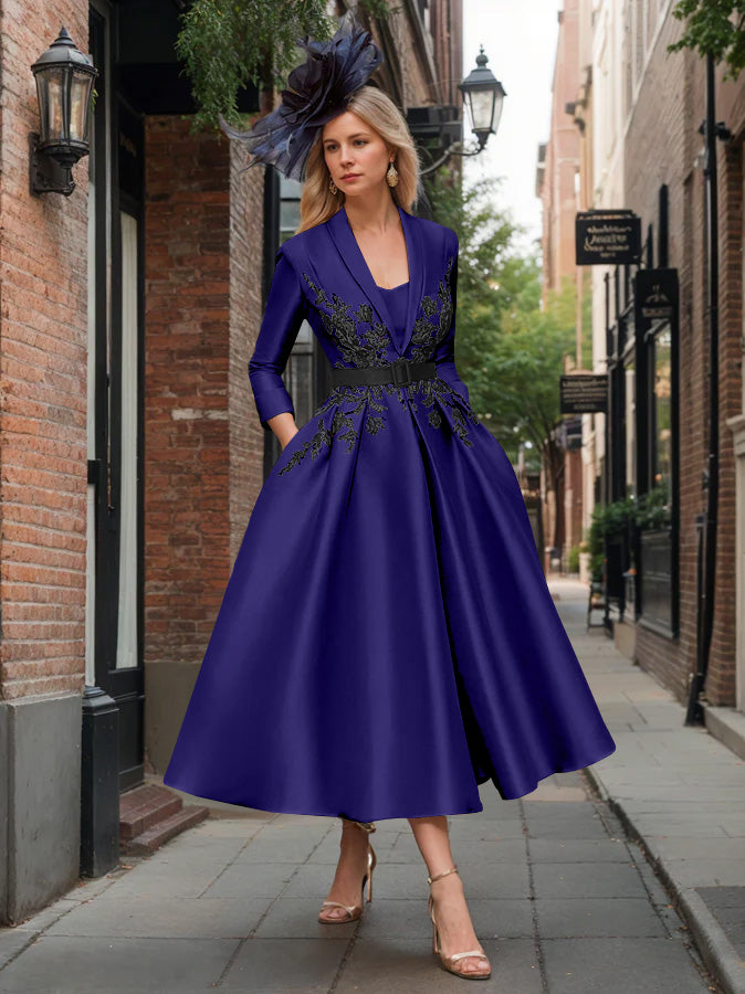 A-Line/Princess Plunge V-Neck 3/4 Sleeves Ankle-Length Pleated Mother of the Bride Dresses with Appliques & Belt