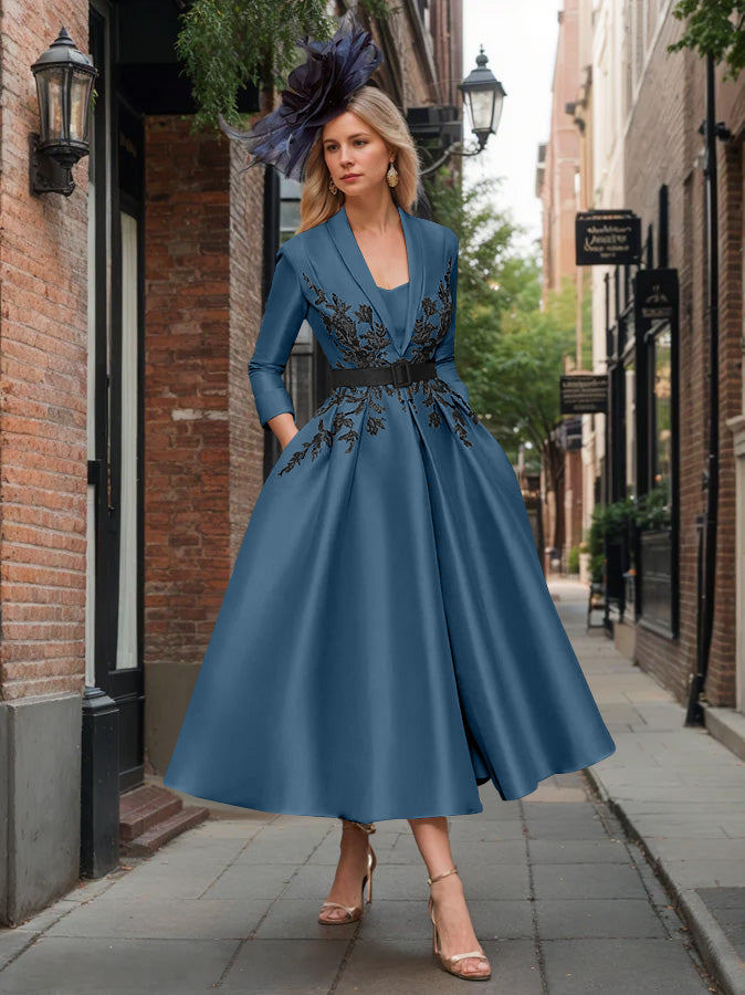 A-Line/Princess Plunge V-Neck 3/4 Sleeves Ankle-Length Pleated Mother of the Bride Dresses with Appliques & Belt