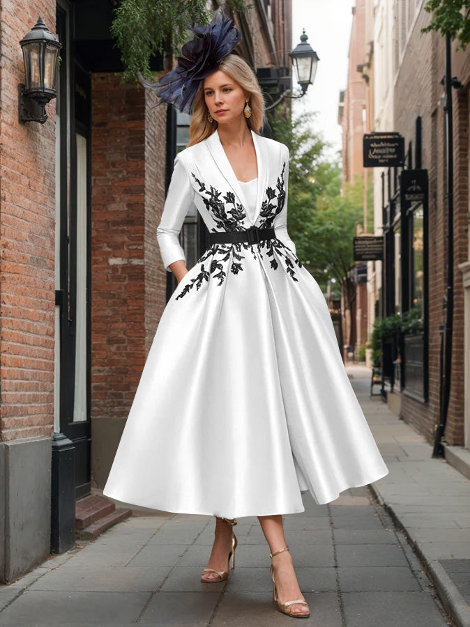 A-Line/Princess Plunge V-Neck 3/4 Sleeves Ankle-Length Pleated Mother of the Bride Dresses with Appliques & Belt