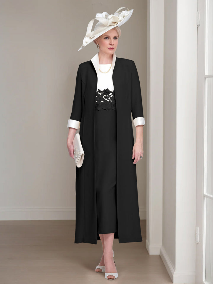 2 Pieces Round Neck Tea-Length Mother of the Bride Dresses with Jacket & Lace Appliques
