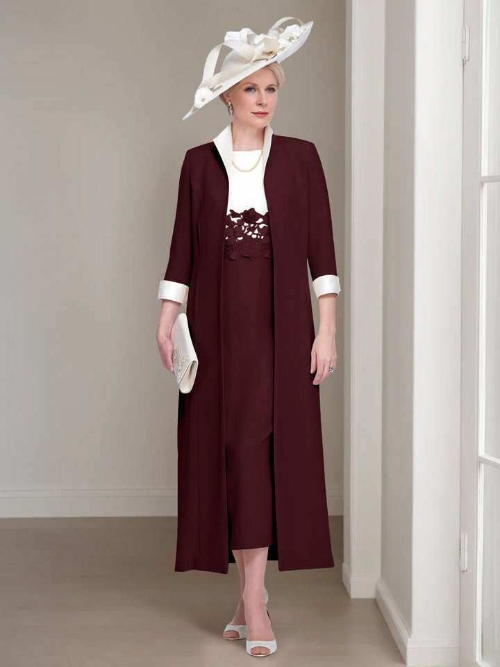 2 Pieces Round Neck Tea-Length Mother of the Bride Dresses with Jacket & Lace Appliques