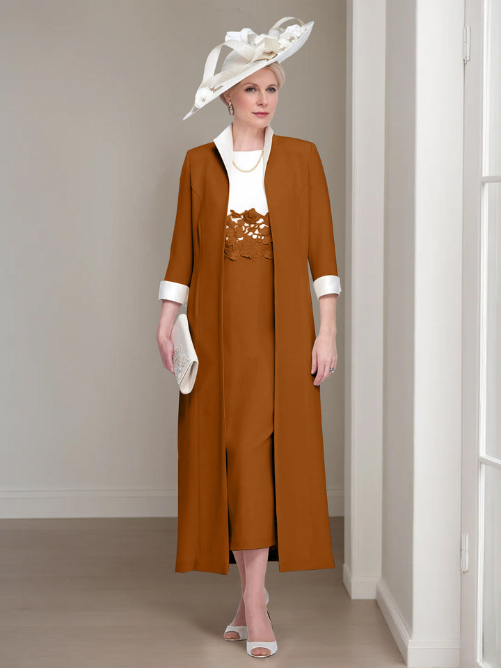 2 Pieces Round Neck Tea-Length Mother of the Bride Dresses with Jacket & Lace Appliques