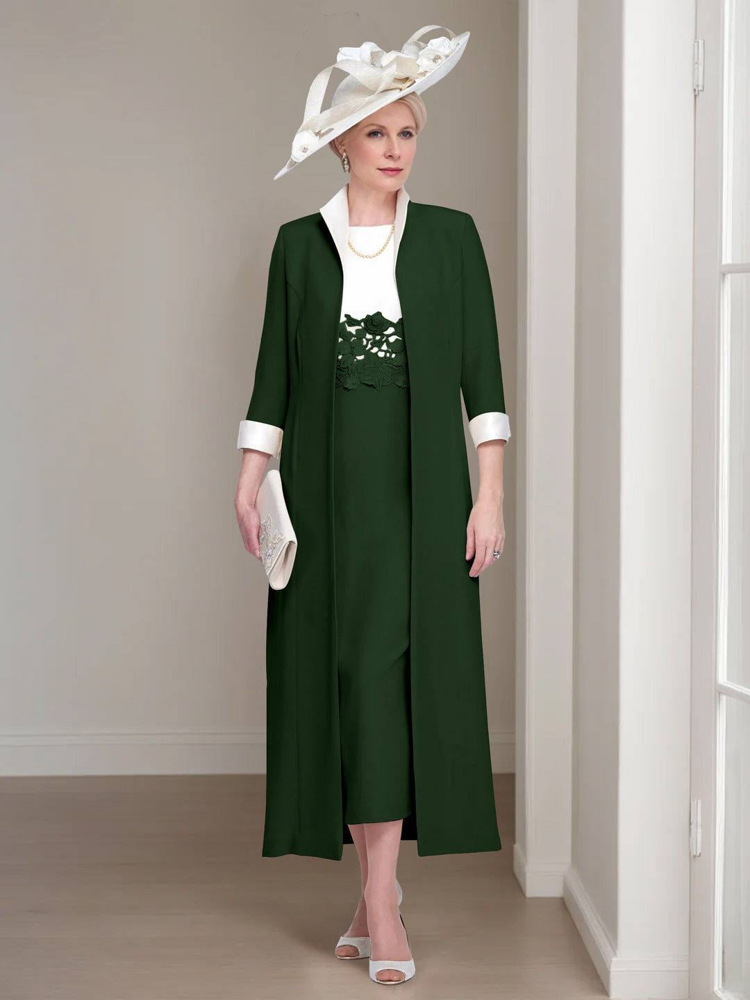 2 Pieces Round Neck Tea-Length Mother of the Bride Dresses with Jacket & Lace Appliques