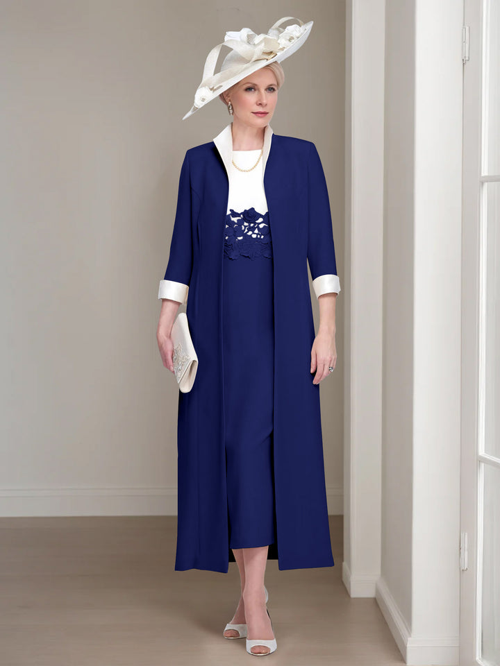 2 Pieces Round Neck Tea-Length Mother of the Bride Dresses with Jacket & Lace Appliques