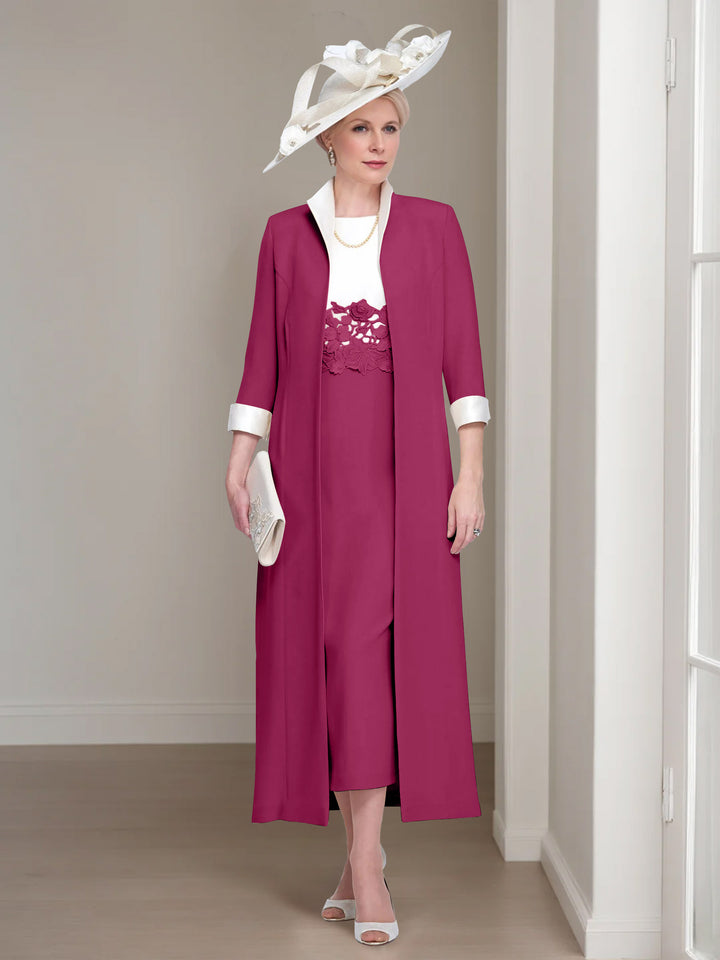 2 Pieces Round Neck Tea-Length Mother of the Bride Dresses with Jacket & Lace Appliques