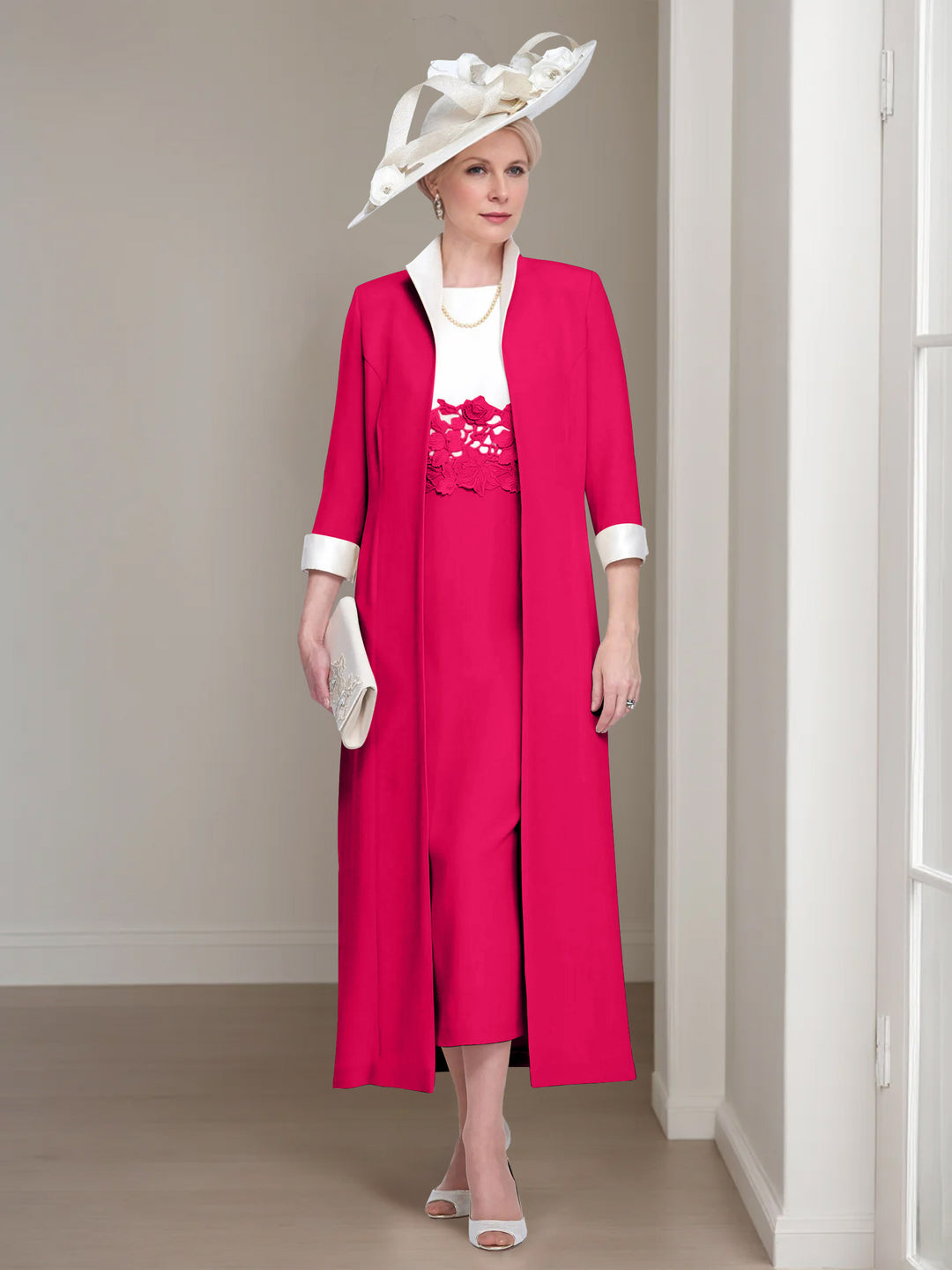 2 Pieces Round Neck Tea-Length Mother of the Bride Dresses with Jacket & Lace Appliques