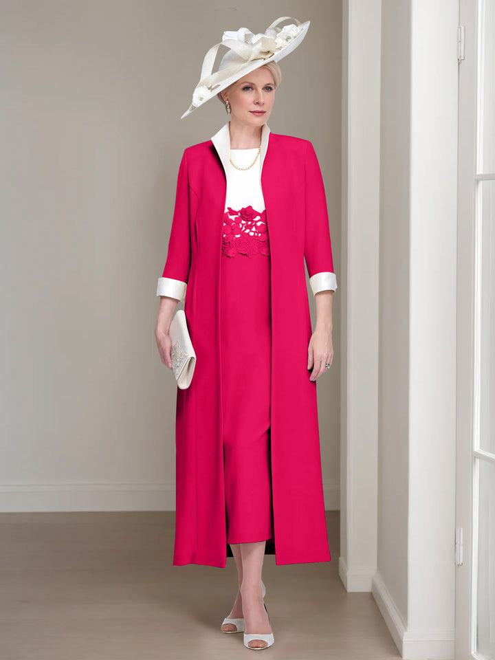 2 Pieces Round Neck Tea-Length Mother of the Bride Dresses with Jacket & Lace Appliques