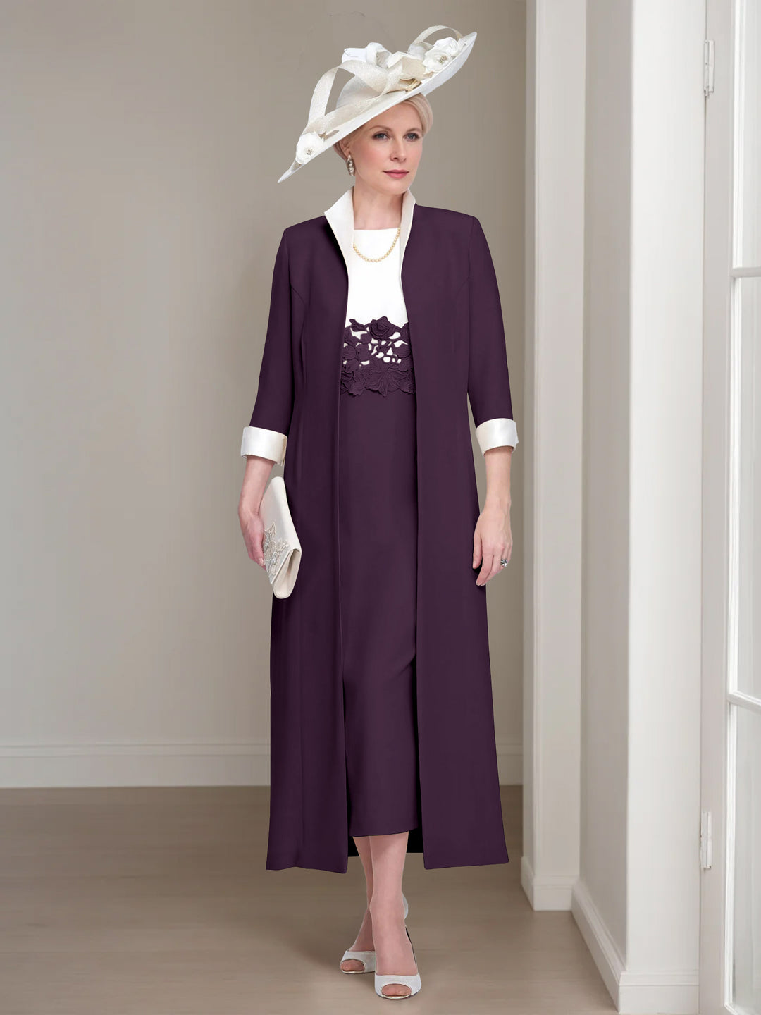 2 Pieces Round Neck Tea-Length Mother of the Bride Dresses with Jacket & Lace Appliques