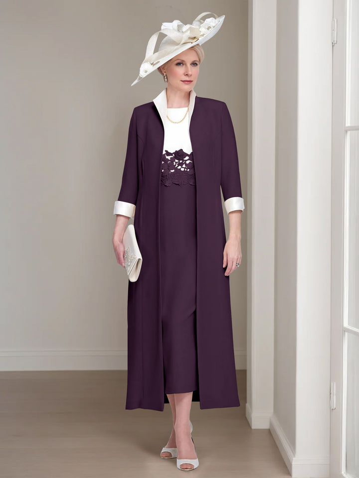 2 Pieces Round Neck Tea-Length Mother of the Bride Dresses with Jacket & Lace Appliques