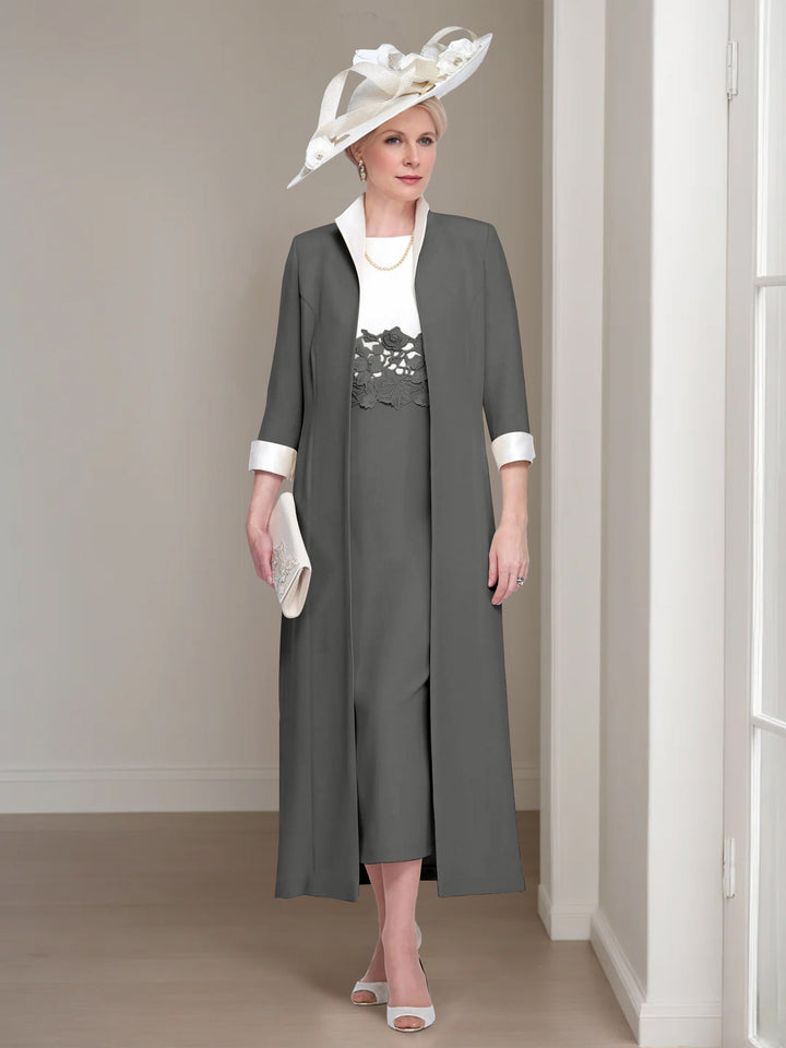 2 Pieces Round Neck Tea-Length Mother of the Bride Dresses with Jacket & Lace Appliques