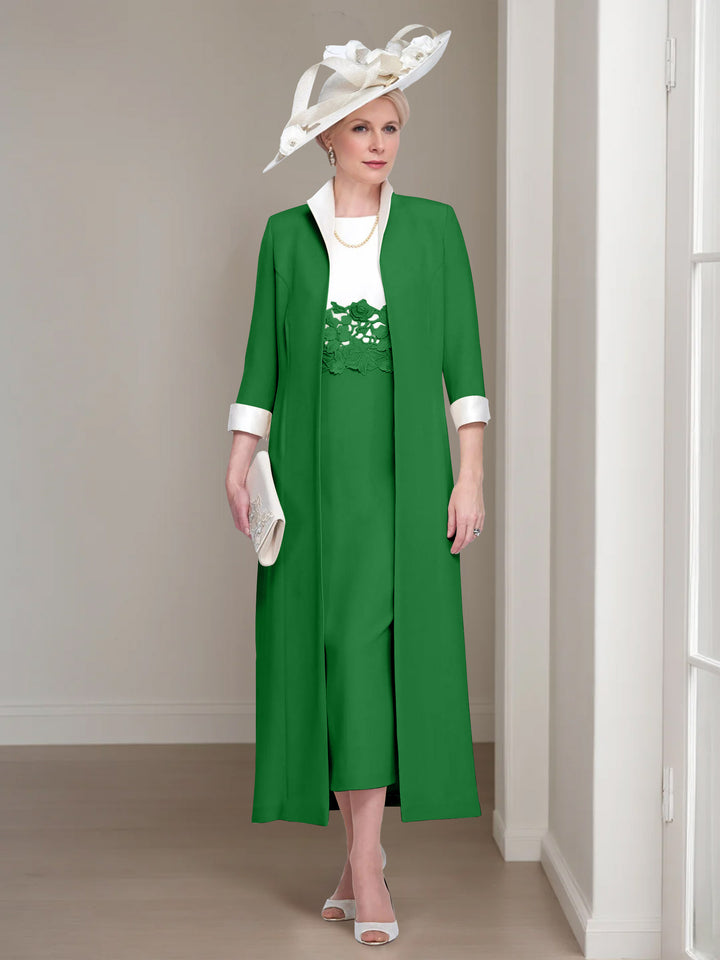 2 Pieces Round Neck Tea-Length Mother of the Bride Dresses with Jacket & Lace Appliques