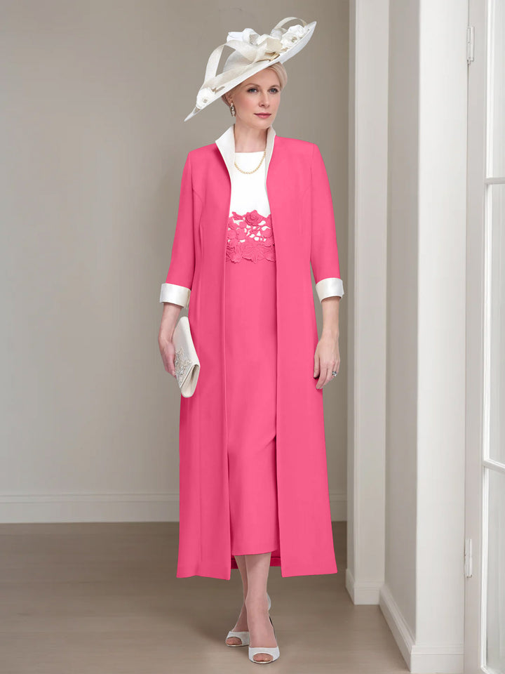 2 Pieces Round Neck Tea-Length Mother of the Bride Dresses with Jacket & Lace Appliques