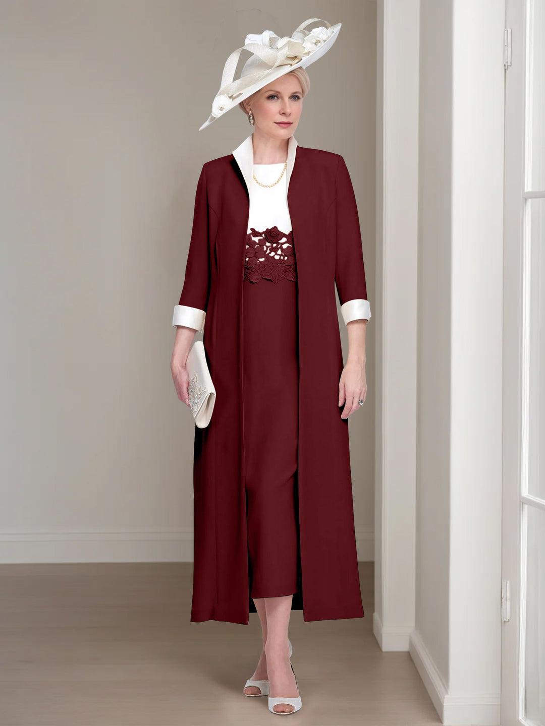 2 Pieces Round Neck Tea-Length Mother of the Bride Dresses with Jacket & Lace Appliques
