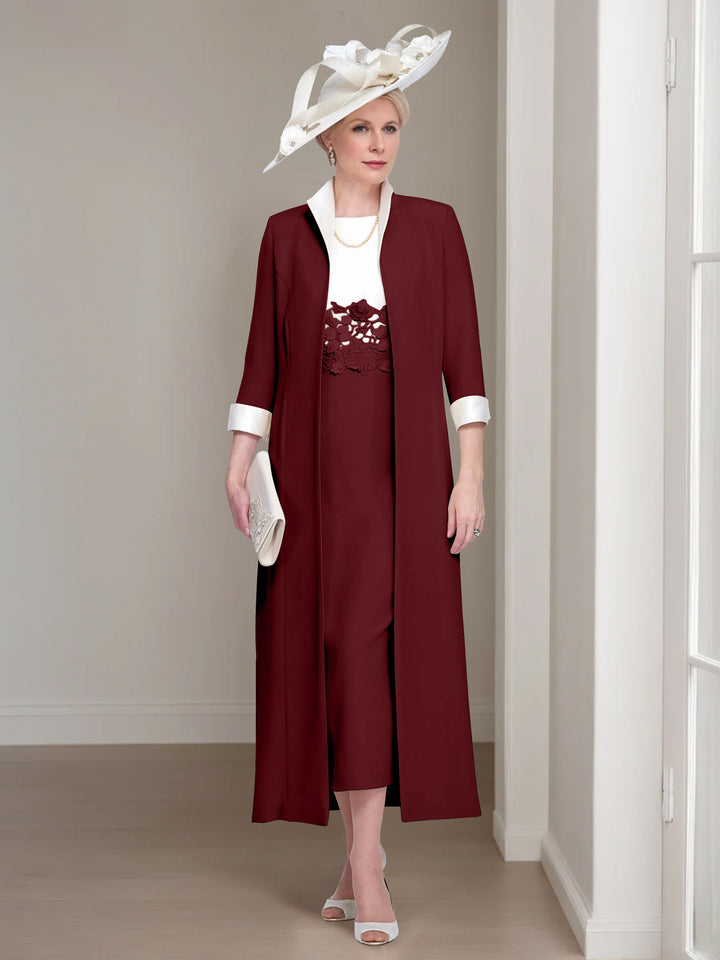 2 Pieces Round Neck Tea-Length Mother of the Bride Dresses with Jacket & Lace Appliques