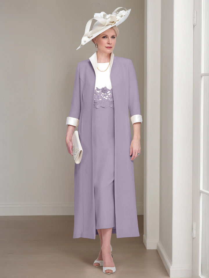 2 Pieces Round Neck Tea-Length Mother of the Bride Dresses with Jacket & Lace Appliques