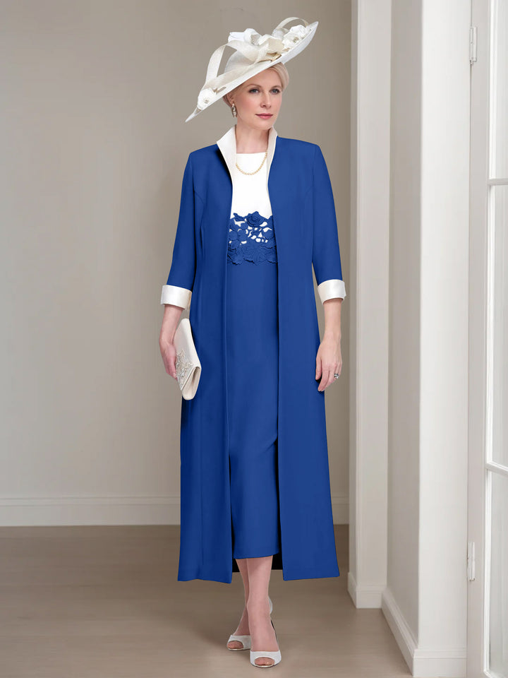 2 Pieces Round Neck Tea-Length Mother of the Bride Dresses with Jacket & Lace Appliques