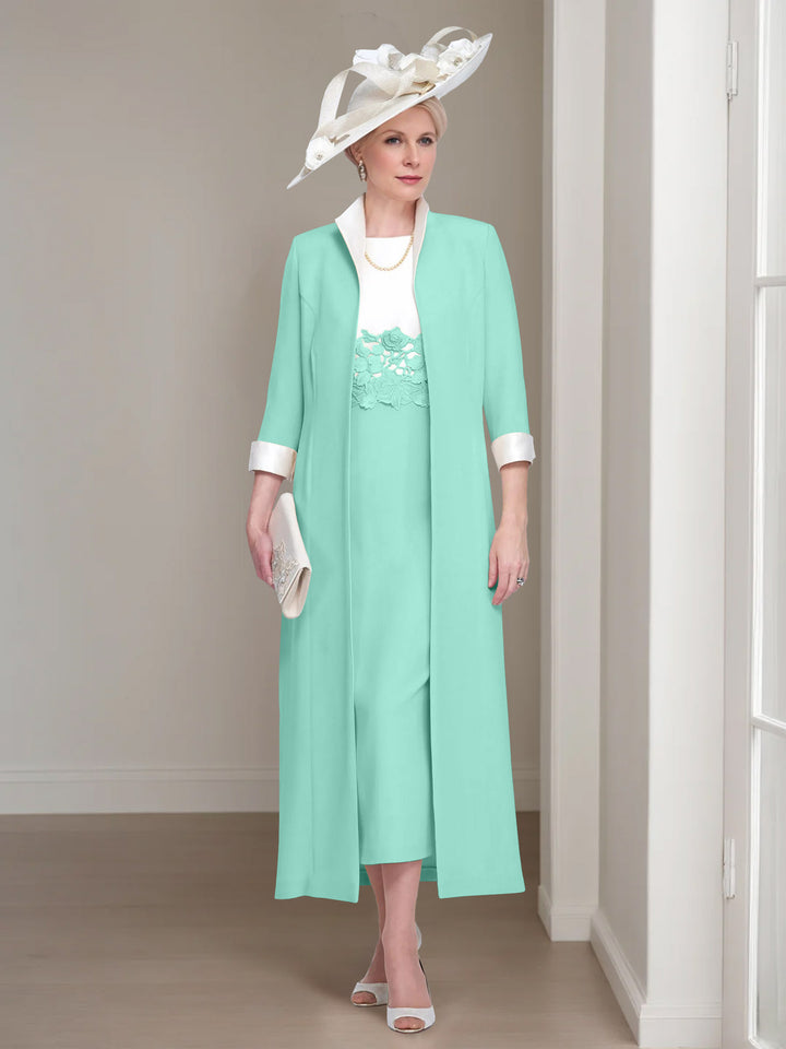 2 Pieces Round Neck Tea-Length Mother of the Bride Dresses with Jacket & Lace Appliques